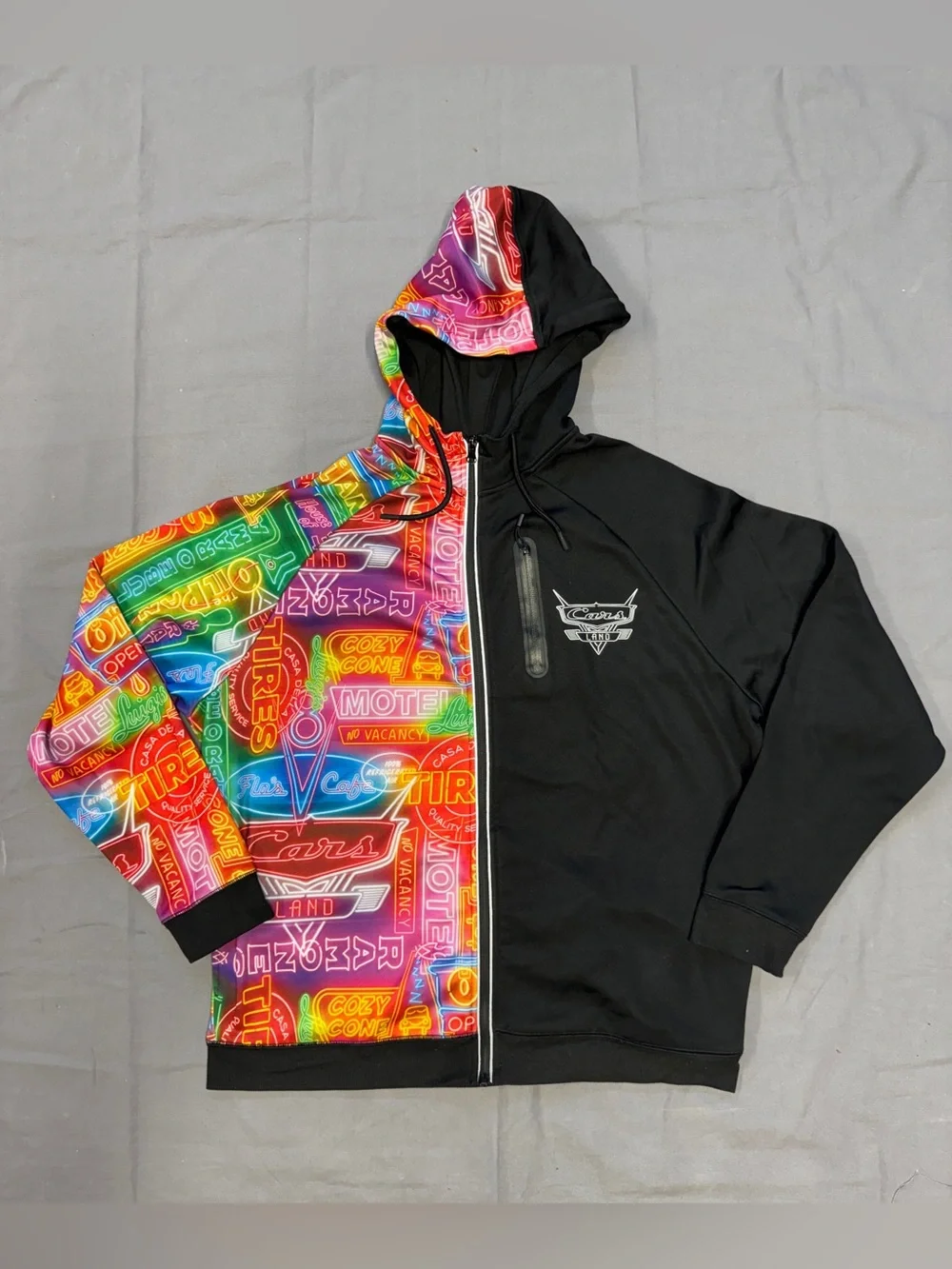 Disney Cars Land Hoodie Mens Medium Black Neon Lights Zip Jacket Sweatshirt 0020